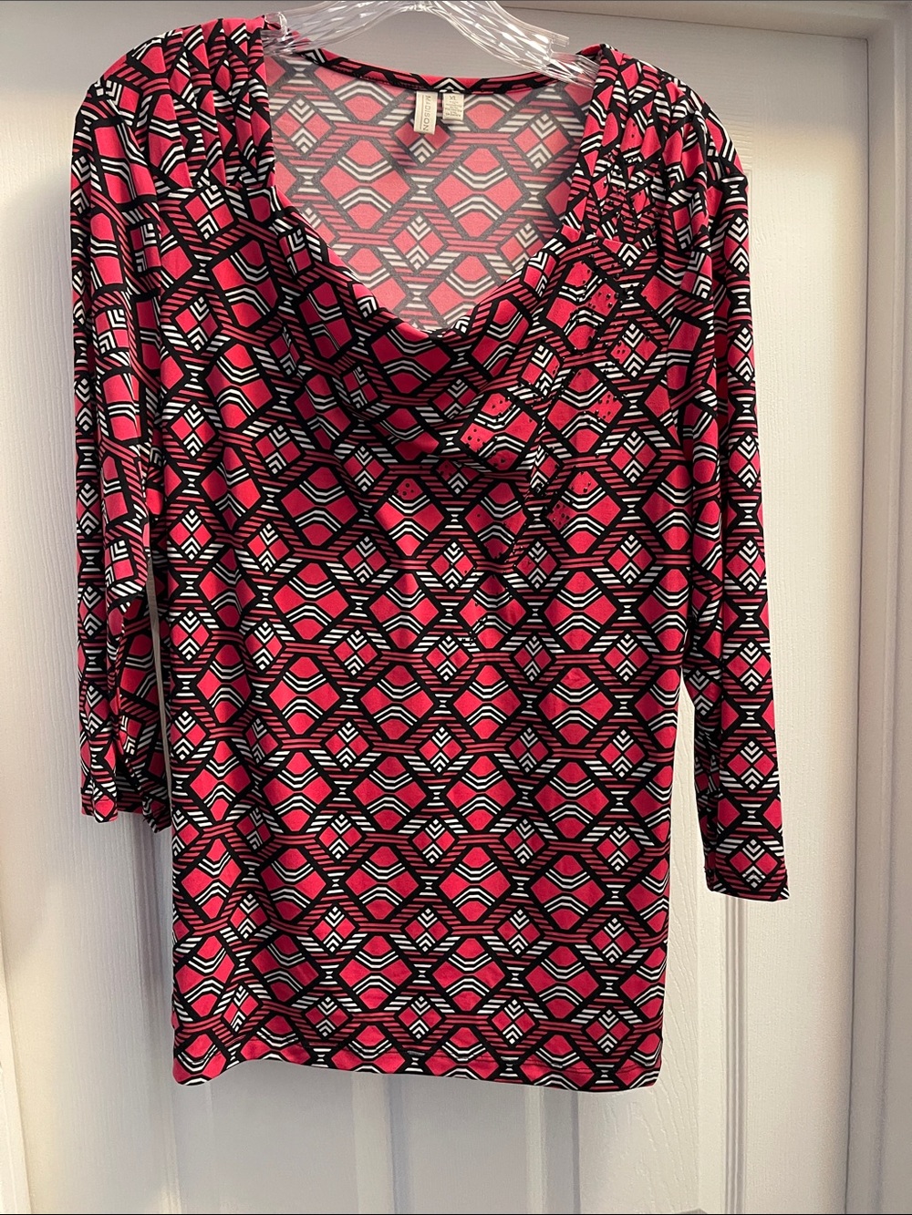 Madison Pink Black Geometric Cowl Neck Blouse